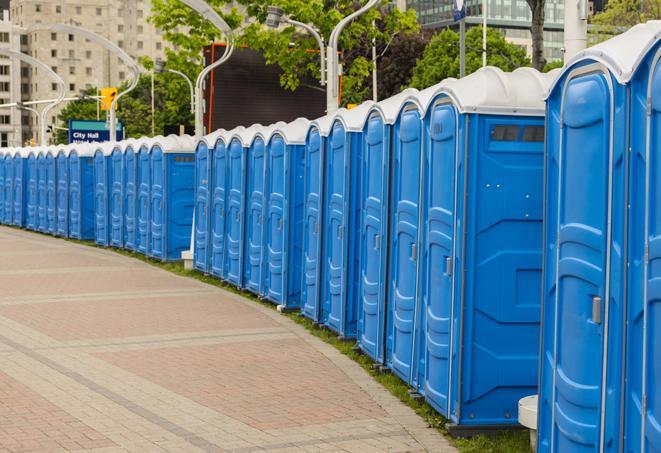 a line of portable restrooms set up for a wedding or special event, ensuring guests have access to comfortable and clean facilities throughout the duration of the celebration in Barney, GA